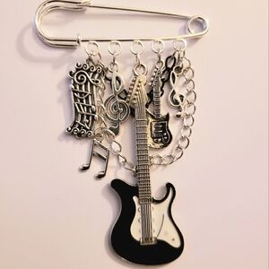 Handmade Black Silver Guitar Music Charm Safety Pin Brooch